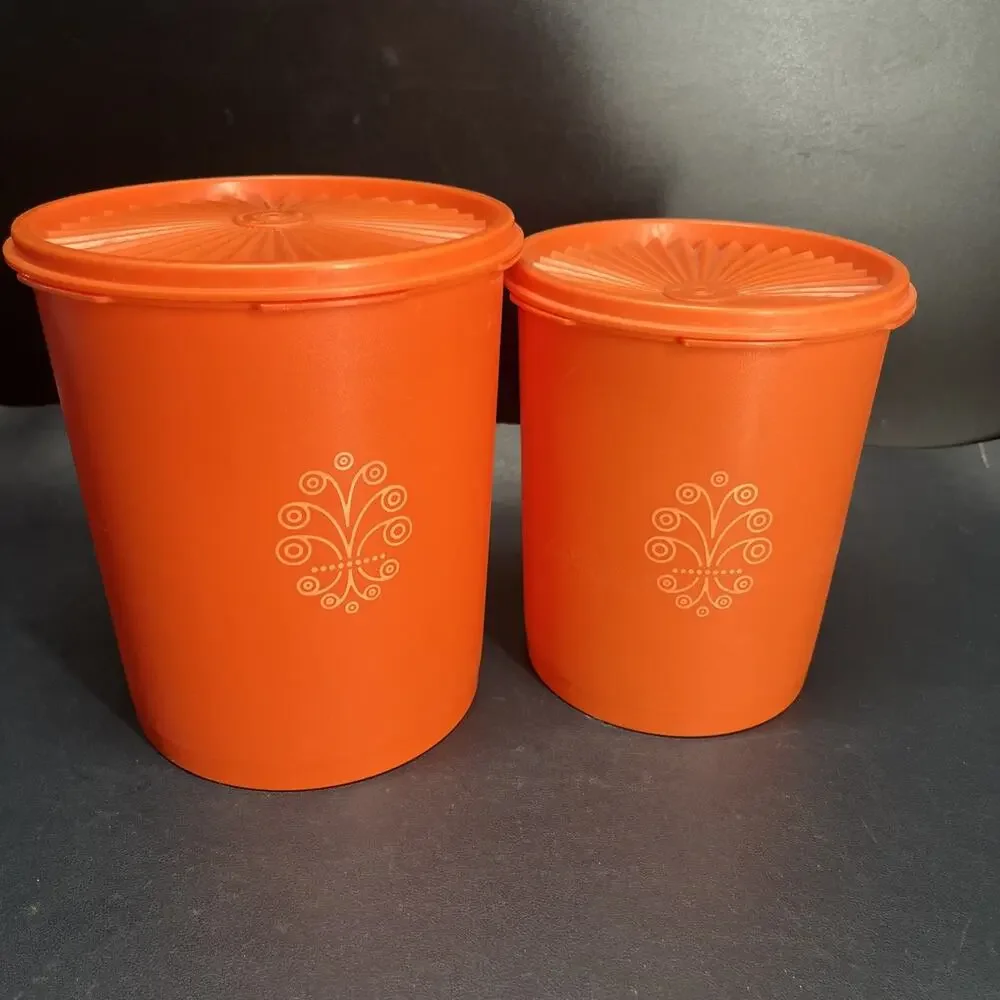 Vtg Harvest Orange Tupperware Servalier Nesting Canisters & Lids 807-7 809-10